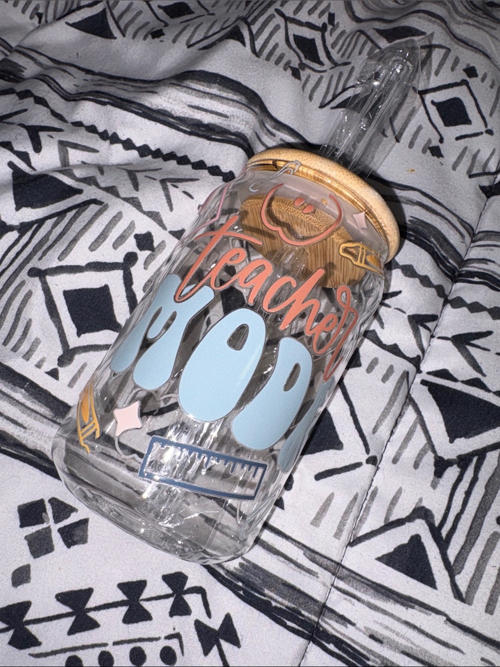 Teacher Approved Blue & Pink Glass Drink Jar with Straw